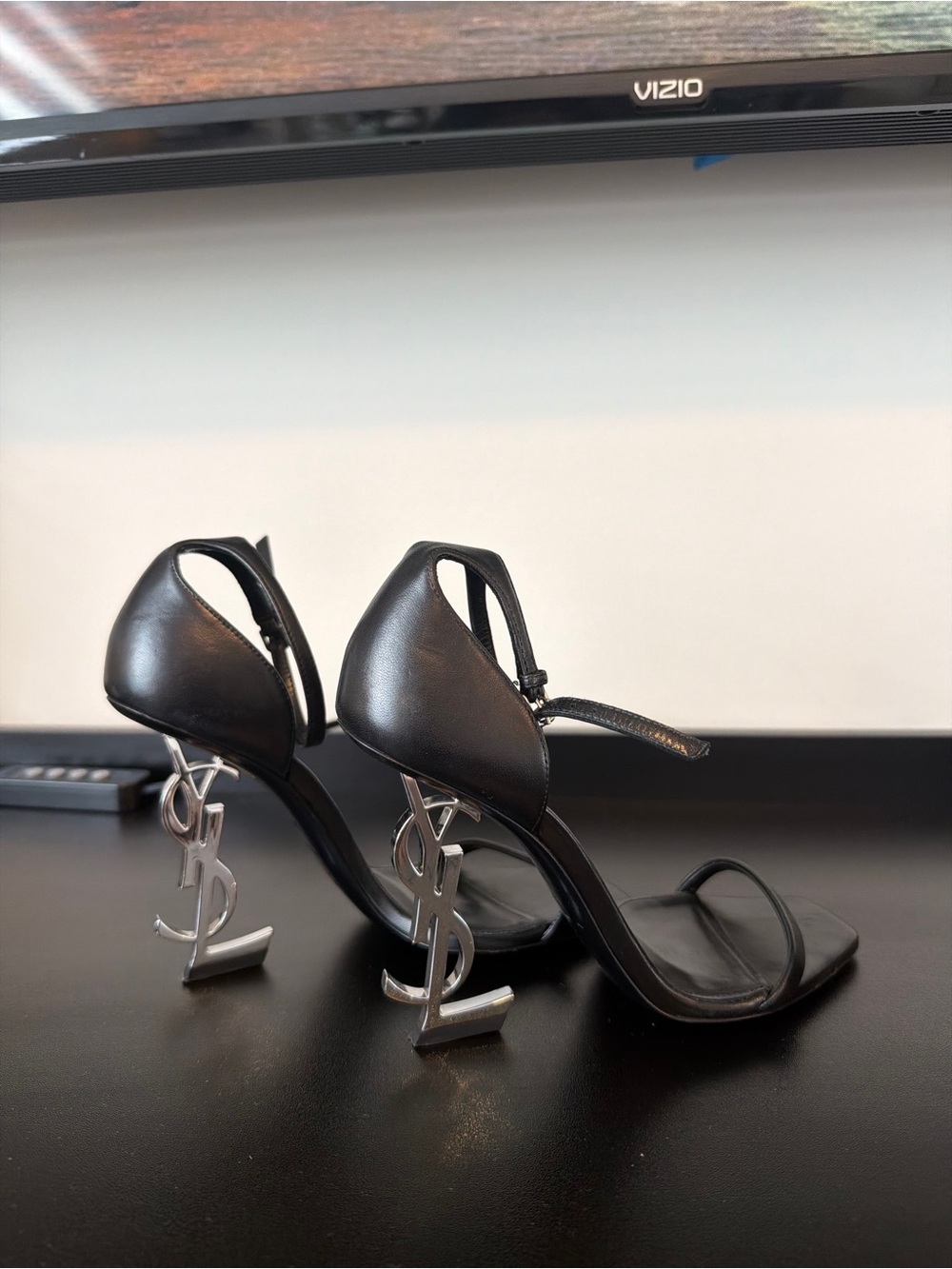 Saint Laurent Opyum 110 Black Leather Silver YSL Heel Sandals 6.5